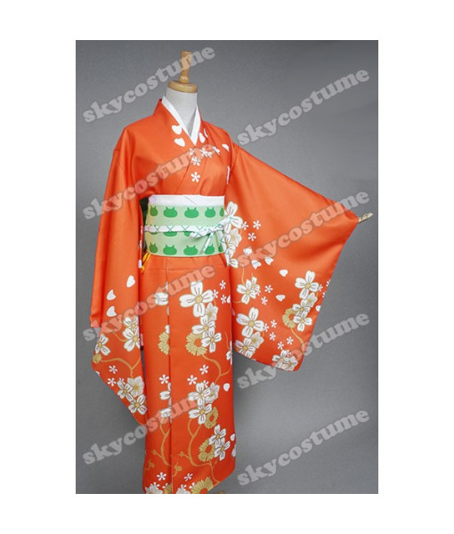 Women Orange Flower Pattern Printed Kimono Japanese Yukata Halloween Costume
