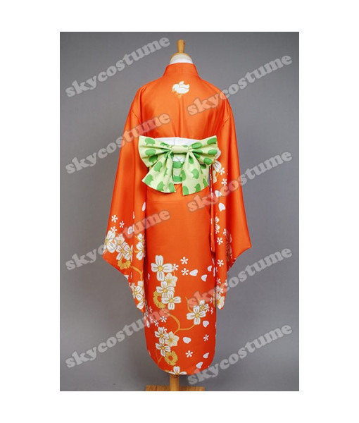Women Orange Flower Pattern Printed Kimono Japanese Yukata Halloween Costume