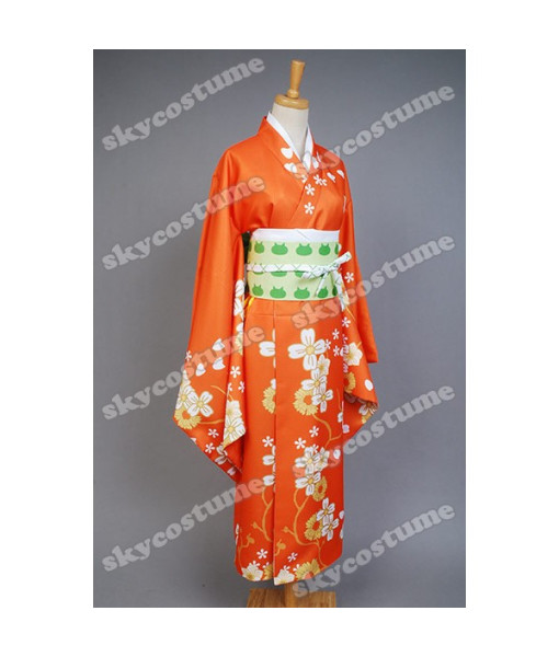 Women Orange Flower Pattern Printed Kimono Japanese Yukata Halloween Costume