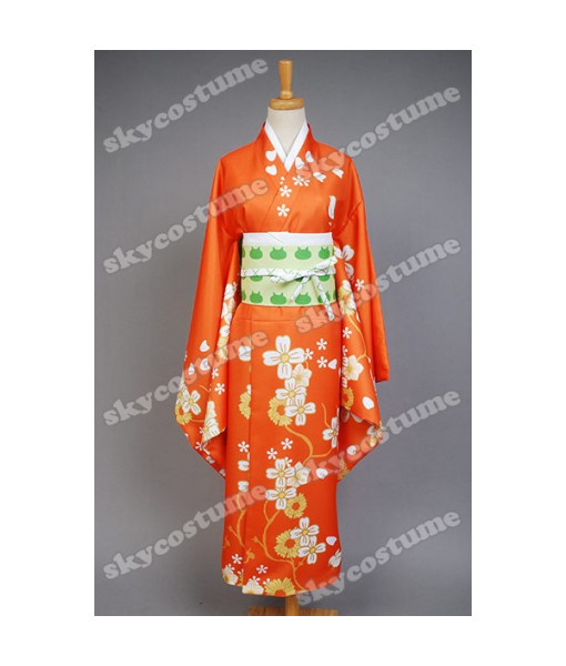 Women Orange Flower Pattern Printed Kimono Japanese Yukata Halloween Costume