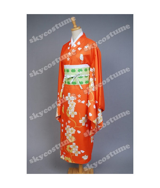 Women Orange Flower Pattern Printed Kimono Japanese Yukata Halloween Costume